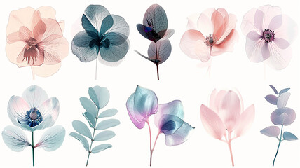 Obraz premium collection of watercolor leaves and flowers, delicate soft color translucent paints on a white background