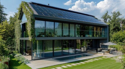 Fototapeta premium A modern solar-powered home featuring transparent solar panels and smart energy-saving systems, representing sustainable living
