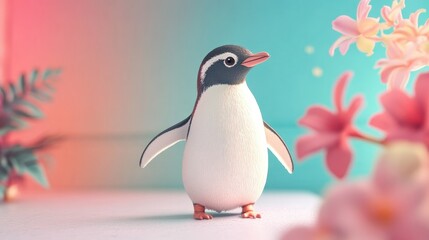Fototapeta premium A playful 3D penguin with a soft pastel background on the right, showcasing the cute and endearing nature of zoo penguins