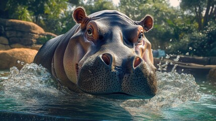 A powerful 3D hippo, emerging from a pool with a soft pastel backdrop, capturing the imposing nature of this zoo favorite