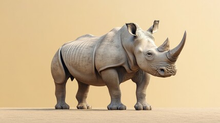 Fototapeta premium A powerful 3D rhinoceros, with a soft pastel background on the right, symbolizing the strength and resilience of these massive zoo animals
