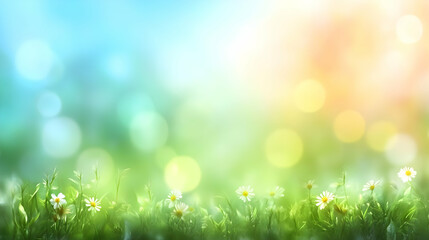 Obraz premium Abstract Blurred Background with White Daisies in a Green Meadow
