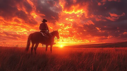 Cowboy and horse silhouetted against a fiery sunset