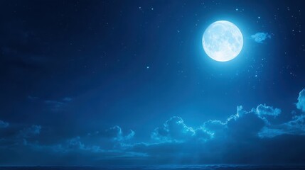 Fototapeta premium A serene blue night sky features a glowing full moon surrounded by soft clouds and twinkling stars, evoking calmness and beauty.