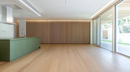 Modern Kitchen Interior With Green Cabinets And Wood Wall