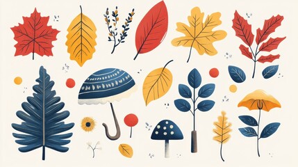 A collection of autumn leaves and umbrellas