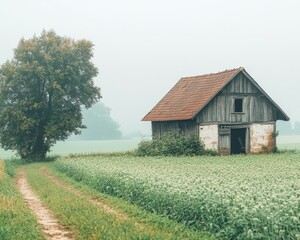 Obraz premium A serene countryside scene featuring a rustic house surrounded by lush greenery on a foggy day.