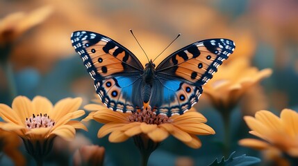 Obraz premium A vibrant butterfly with black, blue, and orange wings rests on a yellow flower with a soft, blurred background.