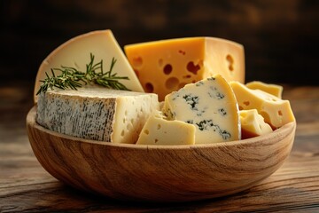 Wooden Bowl Filled with Cheese