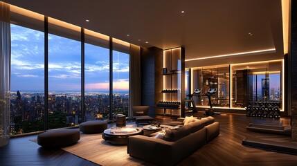 Modern Luxury Penthouse Gym with City View at Dusk