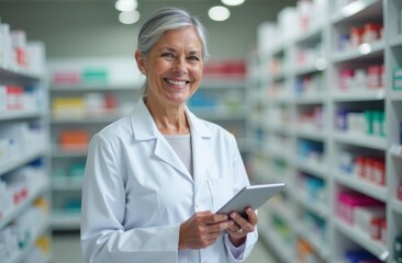Smiling female pharmacist, grey hair, dressed in white medical suit, holding digital tablet