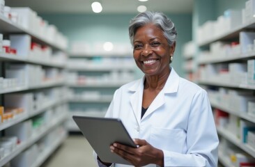 Black smiling pharmacist elderly woman, gray hair, dressed in white medical suit