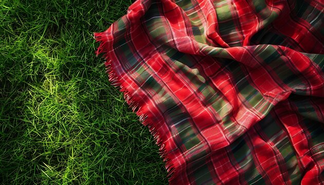 Red plaid on green grass background. Picnic concept - Powered by Adobe