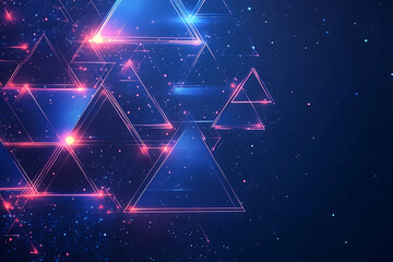 A digital vector illustration featuring abstract triangles and rhombuses in blue and neon tones. The geometric tech design has a modern feel with digital lines on a dark blue background, leaving space
