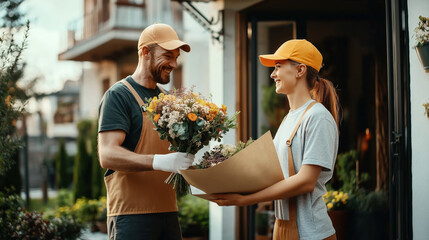 Two florists in casual work attire happily exchange a bouquet of flowers outside a shop. Both are wearing matching yellow caps and aprons. The background shows a garden and building.