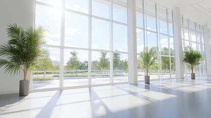 Fototapeta premium Modern Office Interior with Large Windows Plants and Sunbeams