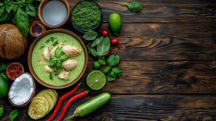 A close-up image of a delicious serving of green curry in a traditional ceramic bowl, showcasing vibrant colors and appetizing presentation.