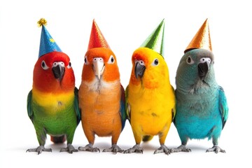 Parrots birds hats animals.