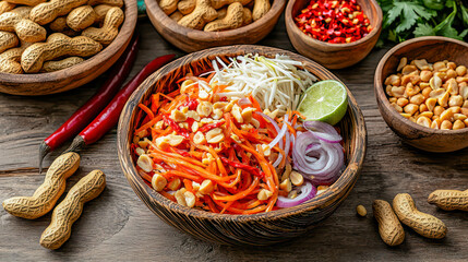 A vibrant and appetizing image of a delicious papaya salad served in a bowl, showcasing a colorful mix of ingredients.