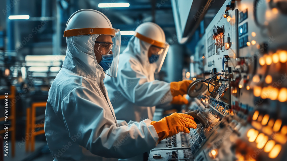 Poster Two technicians in protective suits, face shields, and gloves operate control panels in an industrial or laboratory environment with glowing lights and equipment.