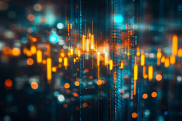 Fototapeta premium Creative glowing big data forex candlestick chart on blurry city background. Trade, technology, investment and analysis concept.