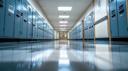 A school hallway featuring blue lockers and polished floors, leading to double doors.