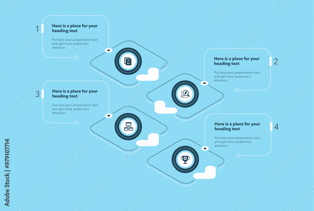 Poster Arrow infographic process template with four steps - blue version. Isometric diagram with numbers, icons and places for your texts.