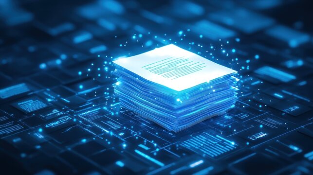 A glowing stack of digital documents on a futuristic background.