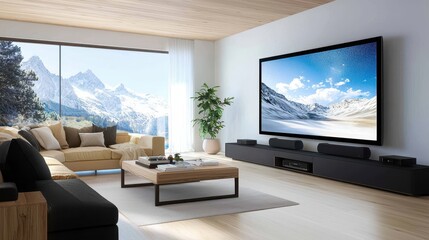 Modern Living Room Interior Design with Mountain View and Large Screen TV