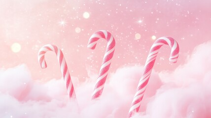 Fototapeta premium Surreal holiday setting with candy canes, pink clouds, and twinkling stars, capturing a playful and magical Christmas vibe. Candy canes, New Year, Christmas