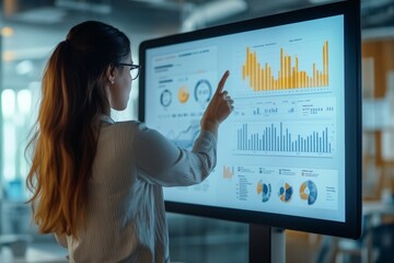 Businesswoman presents e business strategies at technology conference with growth infographics