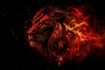 A fiery lion's head merging with flames against a dark background, symbolizing strength.