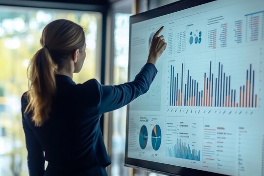 Business woman delivers insightful presentation on e business technology at conference meeting room