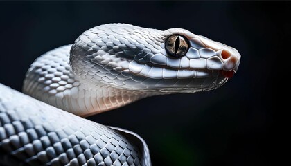 Fototapeta premium Detailed close-up of a white snake's head with textured scales and piercing eyes, set against a dark, moody background.