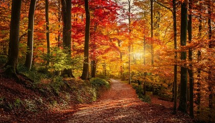 Obraz premium A serene forest path covered with fallen leaves, surrounded by vibrant autumn trees and illuminated by soft sunlight.