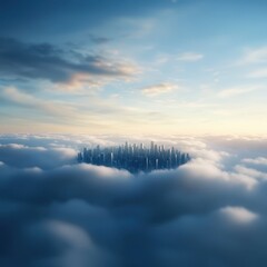 Fototapeta premium A surreal cityscape floating above the clouds at sunrise, blending nature and urban architecture in a dreamlike atmosphere.