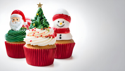 Fototapeta premium Christmas Xmas Cupcake muffin with icing frosting topping of tree, santa claus, snowman, candy cane, decorations on transparent PNG file. Many different flavour. Mockup template for artwork design 