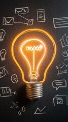 A glowing light bulb surrounded by hand-drawn business icons on a dark background.