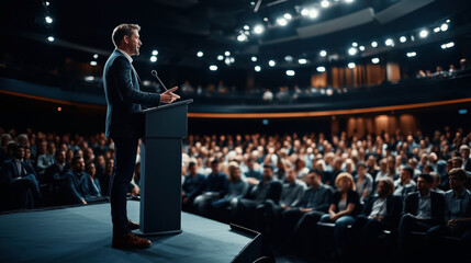 Man giving a speech at a podium in front of a large audience in a dimly lit auditorium or conference hall, with spotlights illuminating the stage.