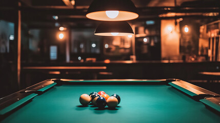 a pool or billiards table in a pool hall or bar with interesting lighting
