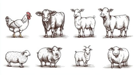 Fototapeta premium Farm Animals Illustration Set Cow Chicken Sheep Goat Drawing