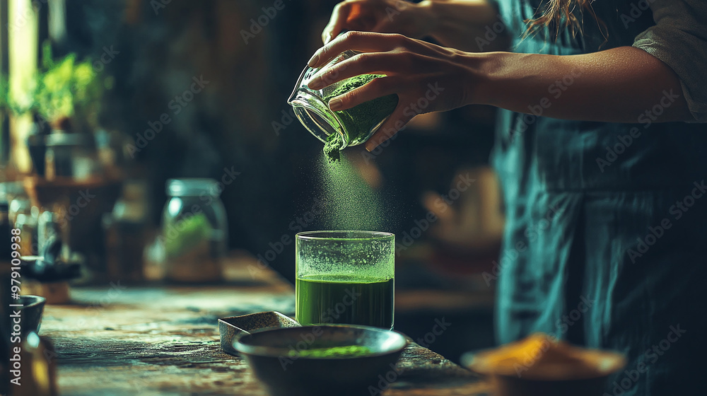 Wall mural A woman is pouring green powder into a glass