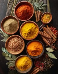 Spice Assortment in Small Bowls. Top-Down View of a Vibrant Collection of Indian Spices Such as Turmeric, Coriander, and Cumin. Graphic art illustration