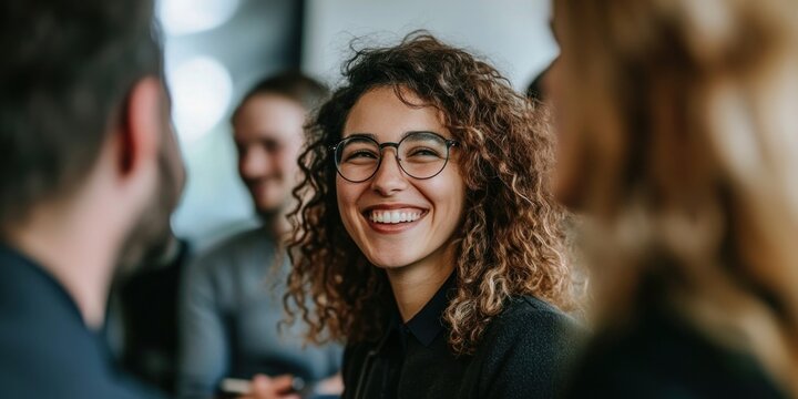Business people are smiling and chatting person glasses office.