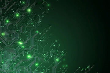 Abstract representation of a circuit board with glowing neon lines and geometric patterns against a dark background. The image evokes a high-tech, futuristic feel with ample copy space	
