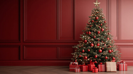 Christmas Tree with Red Ornaments and Presents in a Red Room