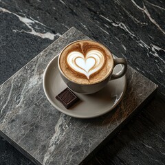 A cup of coffee with heart-shaped latte art on a dark saucer, accompanied by a piece of chocolate, placed on a sleek marble surface.