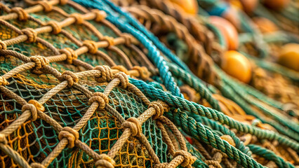 Close up of fishing nets with intricate patterns , fishing, nets, close up, detail, texture, abstract, equipment, fishing industry, marine