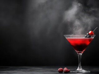 A vibrant cocktail with smoke effect, garnished with cherries, perfect for nightlife and party themes. Captivating and stylish.