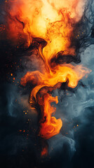 Abstract fiery explosion of vibrant orange and red swirls with dynamic smoke and particles powerful visual energy in dramatic dark background